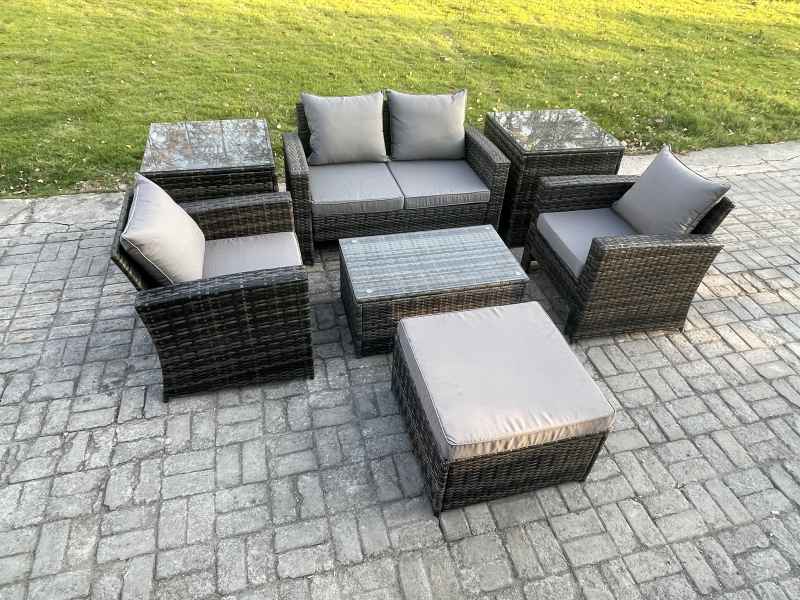 Fimous 5 Seater Outdoor Lounge Sofa Set Wicker PE Rattan Garden Furniture Set with Rectangular Coffee Table Double Seat Sofa 2 Side Tables Big Footstool Dark Grey Mixed