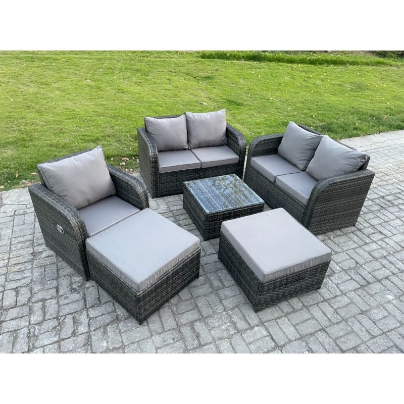 Fimous 7 Seater High Back Rattan Garden Furniture Set with Square Coffee Table 2 Big Footstool Love Sofa Indoor Outdoor Patio Lounge Sofa Set Dark Grey Mixed