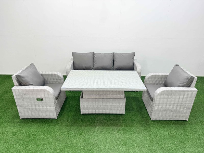 Fimous PE Rattan Garden Furniture Set Reclining Chair Sofa Lounge Sofa Set Adjustable Lifting Dining or Coffee Table Light Grey