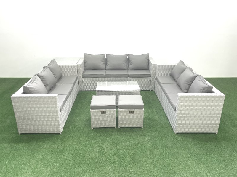 Fimous Rattan Garden Outdoor Furniture Set 11 Seater Garden Sofa Coffee Table Set with 2 Small Footstool Side Table Light Grey Mixed