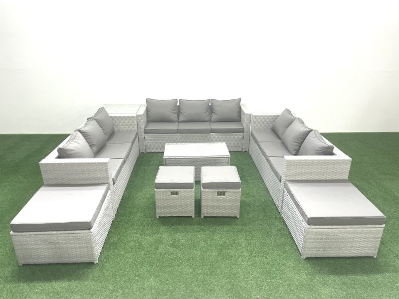 Fimous 9 Pieces Rattan Garden Furniture Set Outdoor Garden Sofa Coffee Table Set with Side Table 4 Footstools Light Grey Mixed