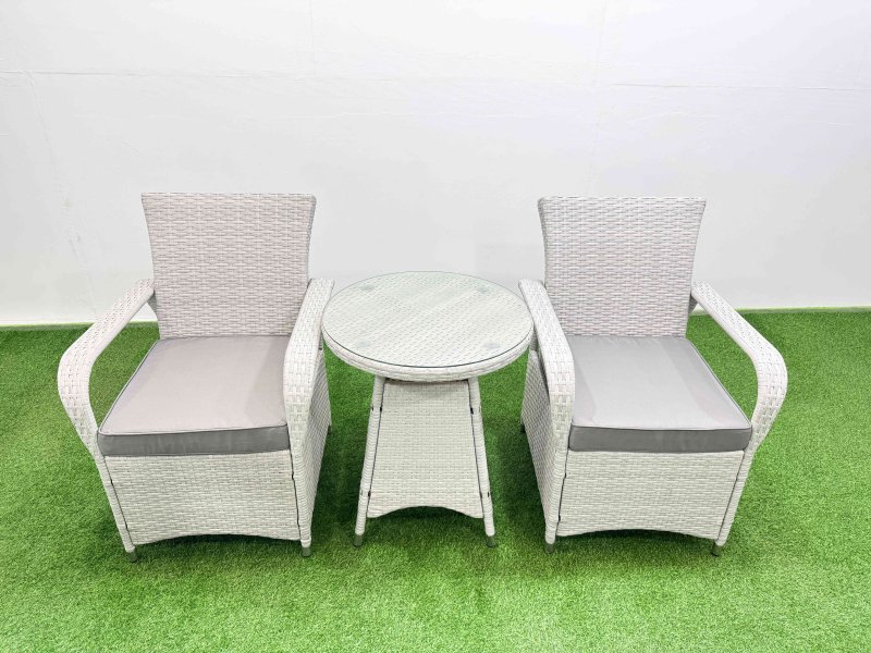 Fimous Wicker PE Rattan Garden Furniture Set Patio Outdoor 2 Chairs Plus Small Round Table Set Light Grey Mixed