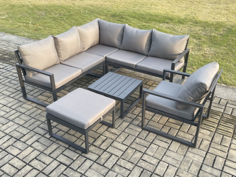Fimous Outdoor Garden Furniture Set Aluminium Lounge Sofa Square Coffee Table Sets with Chair Big Footstool Indoor Conservatory Set Dark Grey