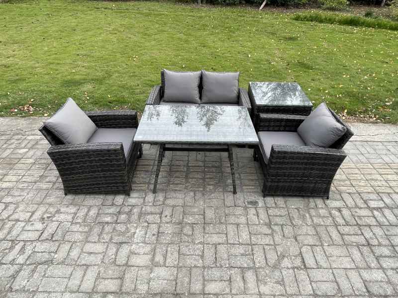 Fimous Outdoor Garden Furniture High Back Rattan Sofa Dining Table Set with Side Table Dark Grey Mixed