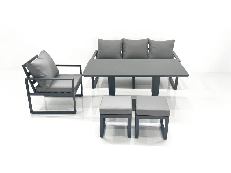 Fimous Outdoor Aluminium Garden Furniture Set with Adjustable Rising Lifting Dining Table 3 Seater Sofa Chair 2 Small Footstools Dark Grey