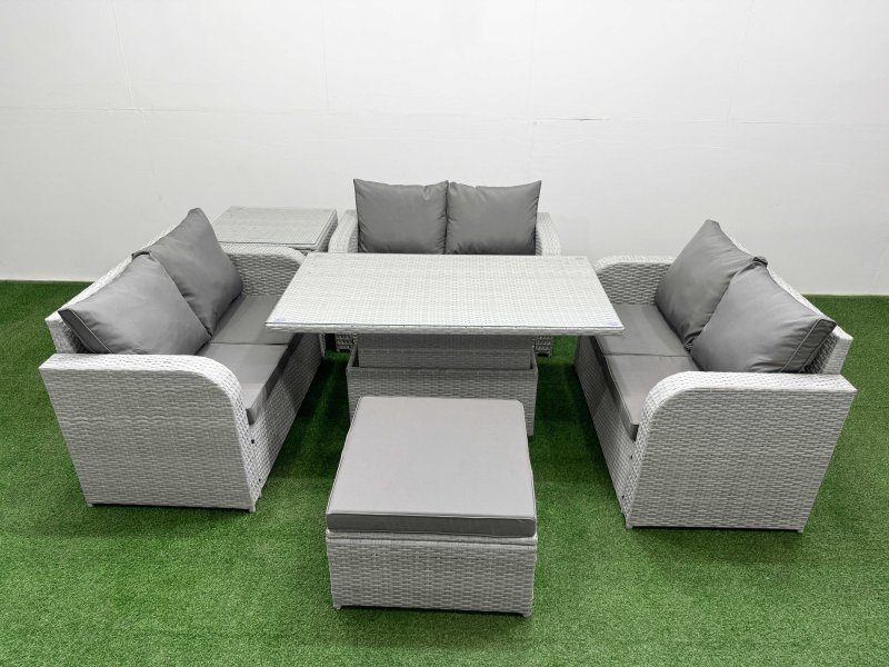 Fimous 7 Seater PE Wicker Rattan Furniture Sofa Sets with Adjustable Lifting Dining or Coffee Table 2 Seater Love Sofa Big Footstool Side Table Light Grey