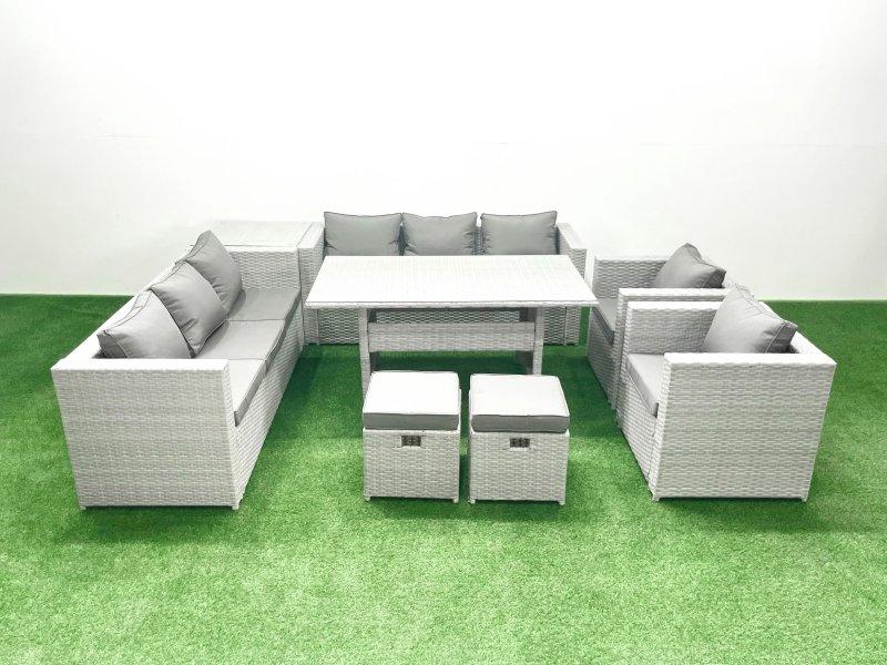 Fimous Rattan Garden Furniture Set Outdoor 8 Seater Patio Dinin g Sofa Sets with Dining Table 2 Chairs Side Table 2 Small Footstools Light Grey Mixed