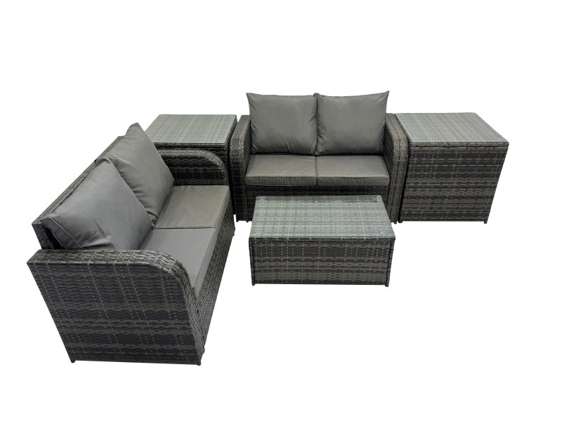 Fimous Outdoor Love Sofa Coffee Table Set Garden Rattan Furniture Set 4 Seater with 2 Side Tables Dark Grey