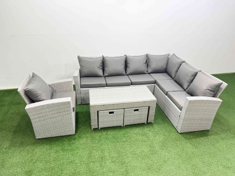 Fimous Rattan Garden Furniture Set 6 Pieces Outdoor Garden Sofa Oblong Coffee Table Set with Chair 2 Small Footstools Light Grey Mixed