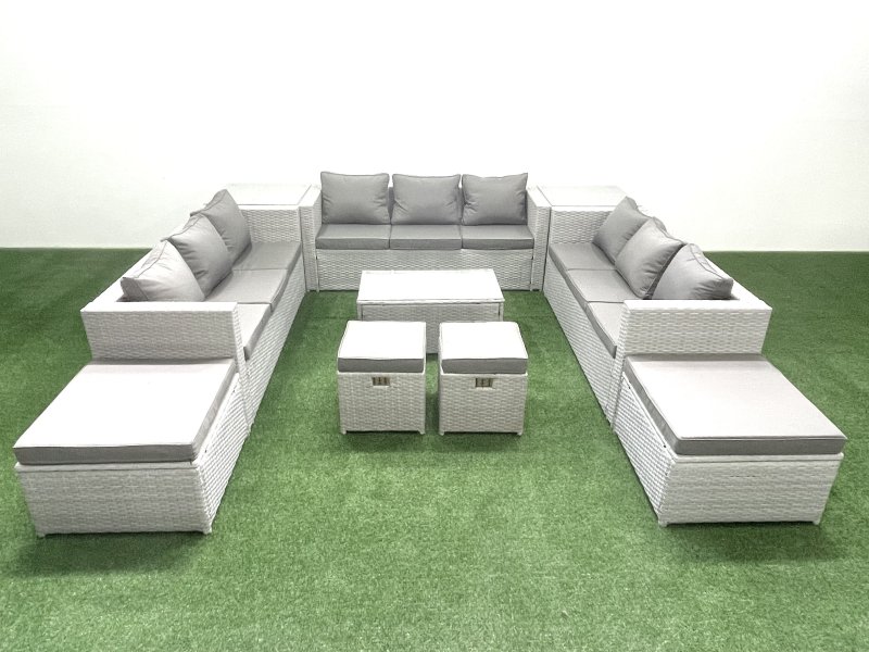 Fimous 10 Pieces Rattan Garden Furniture Set Outdoor Garden Sofa Coffee Table Set with 2 Side Tables 4 Footstools Light Grey Mixed