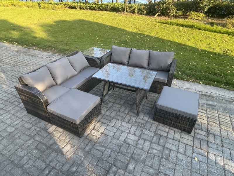 Fimous Rattan Garden Furniture Dining Set 8 seater Patio Rectangular Table 2 Big Footstool Side Table Dark Grey Mixed