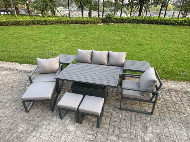 Fimous Aluminium Garden Furniture Sets 8 Seater Outdoor Sofa Set with Adjustable Rising Lifting Dining Table 2 Chairs 3 Footstools Side Table
