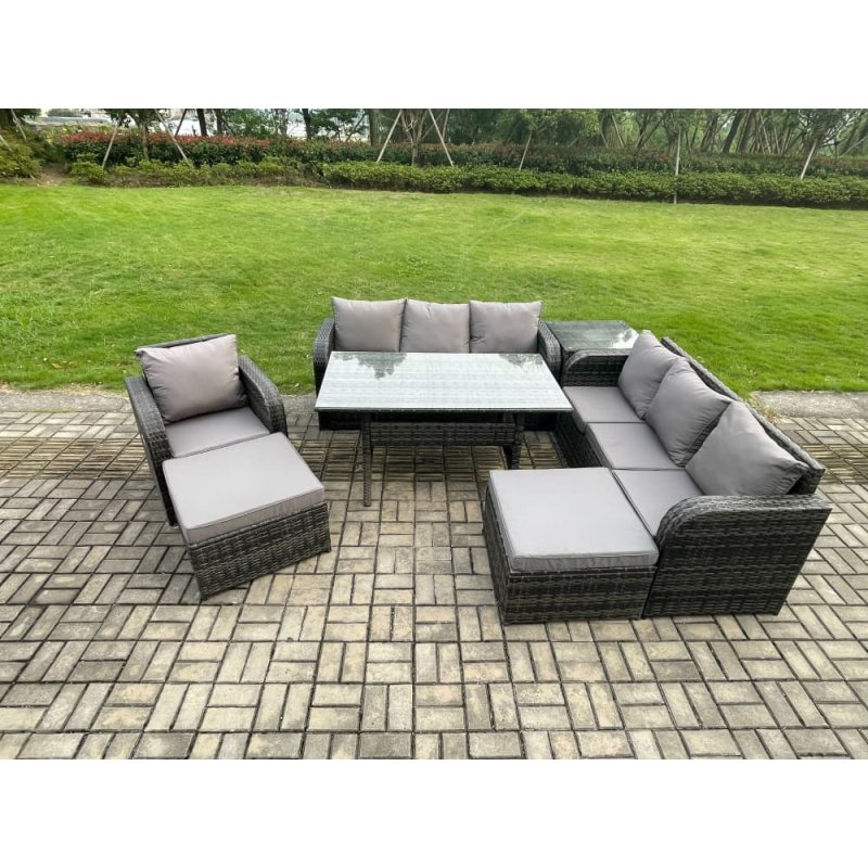 Fimous 9 Seater Outdoor Rattan Garden Furniture Set Oblong Rectangular Dining Table and Chairs Set with 3 Seater Sofa 2 Big Footstool Side Table Dark Grey Mixed