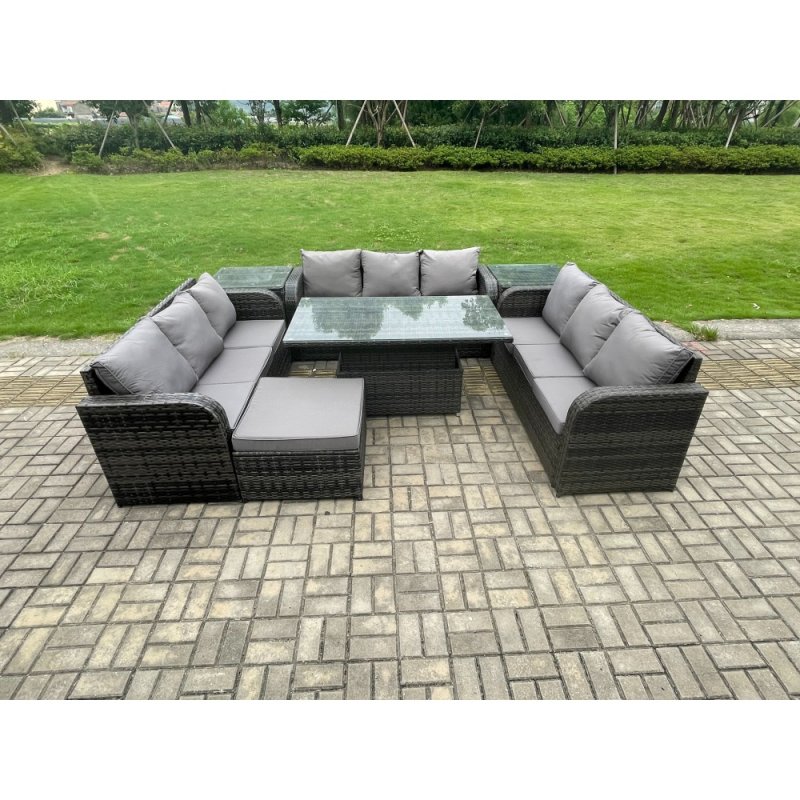 Fimous Patio Garden Dining Set Outdoor Rattan Furniture Lounge Sofa Height Adjustable Rising lifting Table With 2 Side Tables Big Footstool Dark Grey Mixed