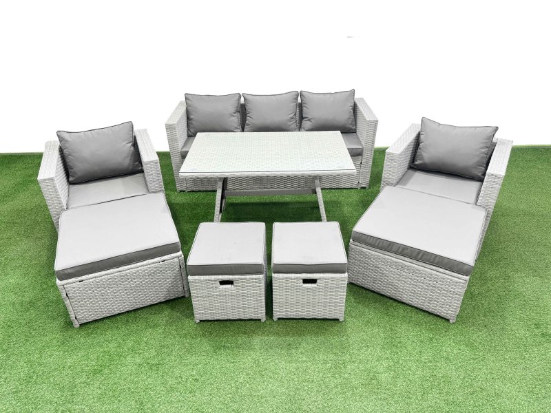 Fimous 8 Pieces Outdoor PE Rattan Sofa Armchair Set Patio Garden Furniture Sets with Cushions 4 Stools Light Grey