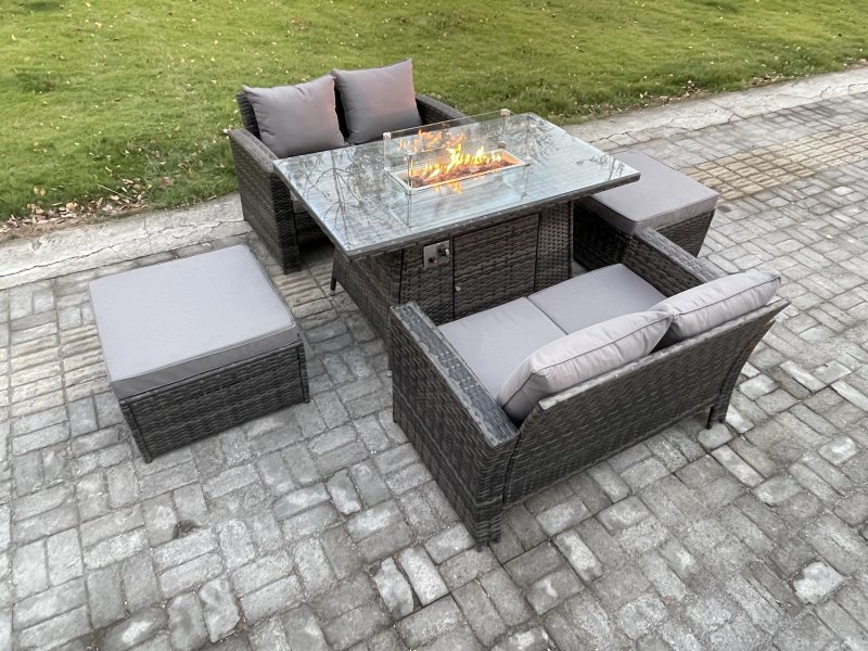 Fimous 5 Pieces Garden Furniture Sets Poly Rattan Outdoor Patio Gas Firepit Dining Table Sofa Set with 2 Big Footstool