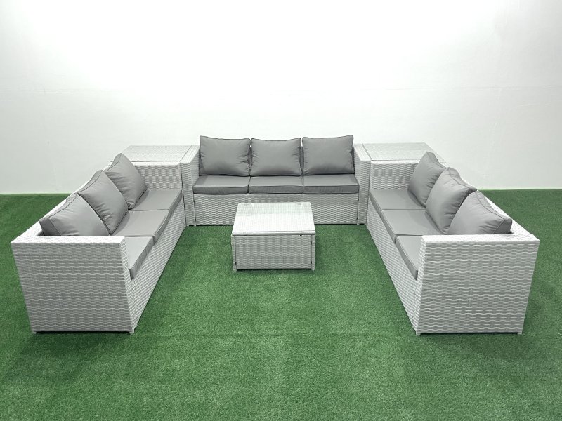 Fimous Rattan Garden Outdoor Furniture Set 9 Seater Rattan Garden Sofa Set with 2 Side Tables Light Grey Mixed