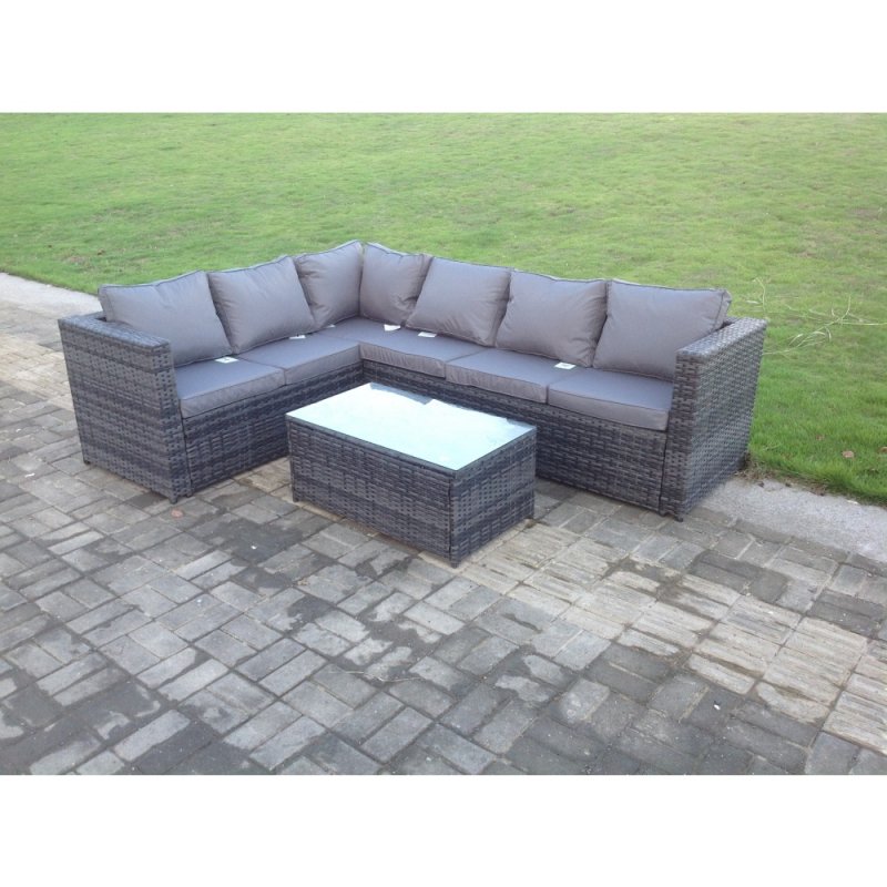 Fimous Rattan Corner Sofa Set Rectangular Oblong Coffee Table Outdoor Garden Furniture In Grey Mix 6 Seater With Seat And Back Cushion Left Hand
