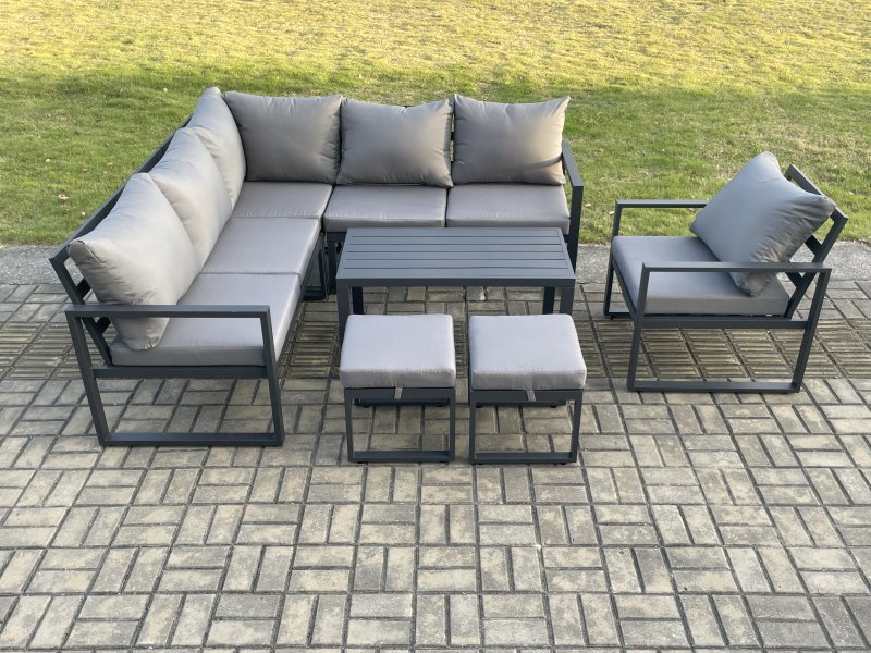 Fimous Aluminium Outdoor Garden Furniture Set Lounge Sofa Oblong Coffee Table Sets with Chair 2 Small Footstools Indoor Conservatory Set Dark Grey