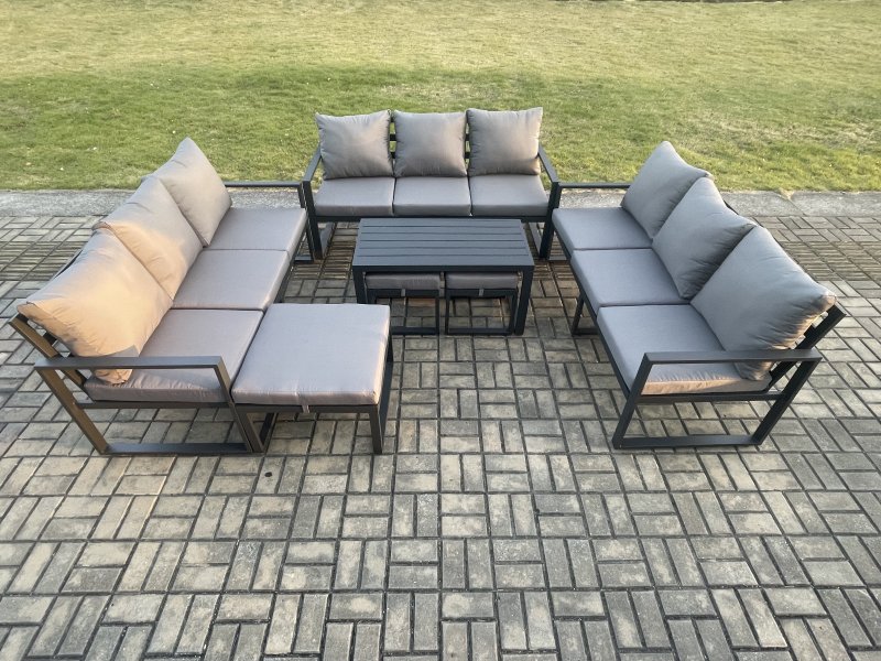 Fimous Aluminium Outdoor Garden Furniture Set Lounge Sofa Oblong Coffee Table 3 Footstools Sets with Cushions Dark Grey 12 Seater