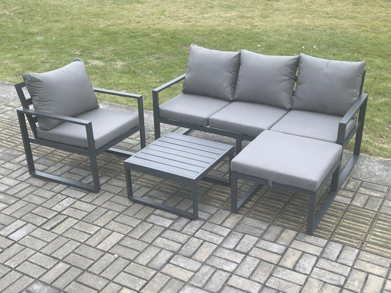 Fimous Aluminium Outdoor Garden Furniture Set Lounge Sofa Chair Square Coffee Table Sets with Big Footstool Dark Grey