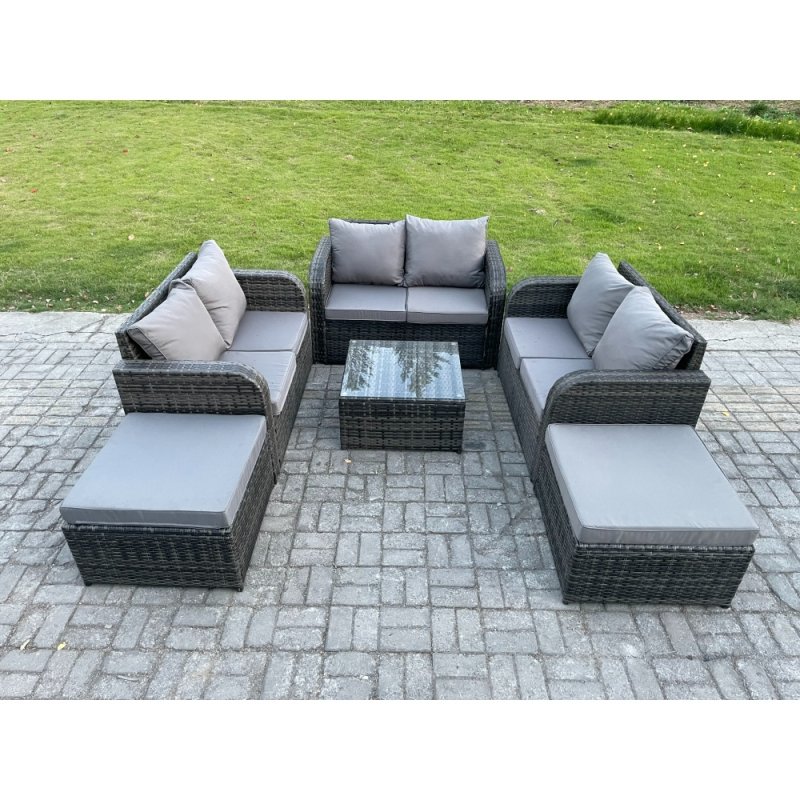 Fimous 8 Seater High Back Rattan Garden Furniture Set with Square Coffee Table 2 Big Footstool Love Sofa Indoor Outdoor Patio Lounge Sofa Set Dark Grey Mixed