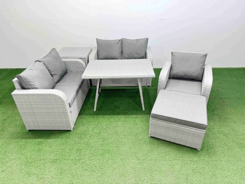 Fimous 6 Seater Outdoor Rattan Garden Furniture Set Love Sofa Reclining Chair Set with Rectangular Dining Table Side Table Big Footstool Light Grey