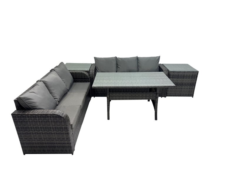 Fimous 6 Seat Outdoor Wicker PE Rattan Garden Furniture Set Dining Table Sofa Set with 2 Side Tables Dark Grey Mixed