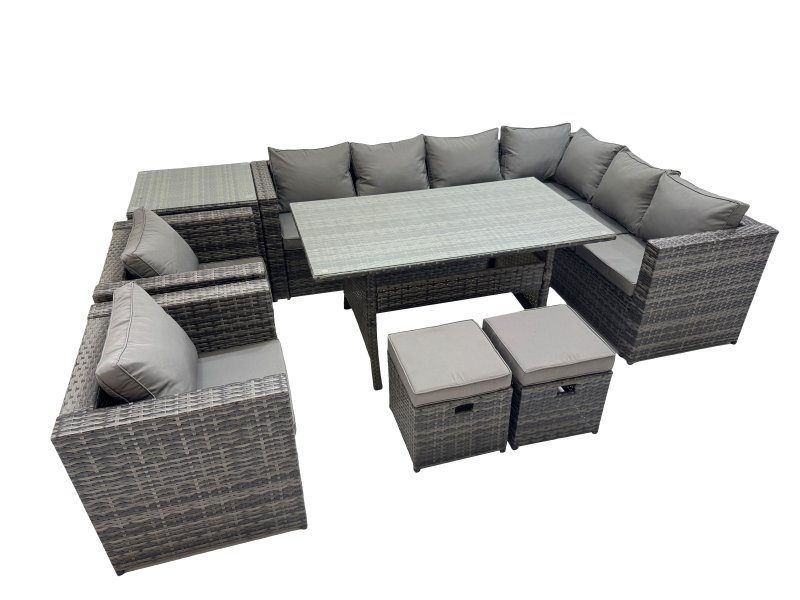 Fimous Rattan Garden Furniture Set Outdoor 10 Seater Patio Dining Corner Sofa Sets with Dining Table 2 Chairs 2 Small Stools Side Table Dark Grey Mixed