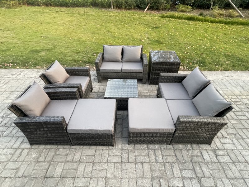 Fimous Outdoor Garden Furniture Sets 8 Pieces Wicker Rattan Furniture Manual Wicker Patio Sofa Patio Conversation Set with 2 Big Footstool Side Table Dark Grey Mixed