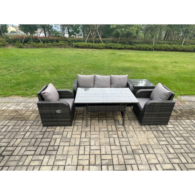 Fimous Wicker PE Rattan Garden Furniture Set Outdoor Rectangular Dining Table and Chair Sofa Set With Side Table Dark Grey Mixed