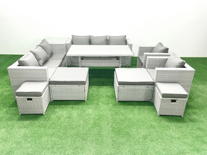 Fimous Rattan Garden Furniture Dining Set 12 Seater Lounge Sofa Chair Dining Table Set with 4 Footstools Side Table Light Grey Mixed