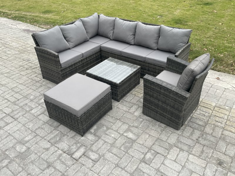 Fimous 8 Seater Outdoor Garden Furniture Set Wicker PE Rattan Corner Sofa Set with Square Coffee Table Big Footstool Armchair Dark Grey Mixed