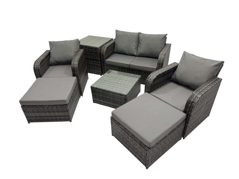 Fimous Rattan Garden Outdoor Furniture Set Love Sofa Reclining Chair Square Coffee Table Set with Side Table 2 Big Stool Dark Grey Mixed