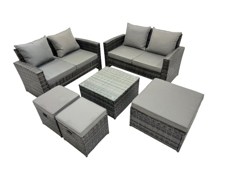 Fimous PE Rattan Garden Furniture Set Lounge Double Seat Sofa Coffee Table Set with 3 Stools Dark Grey Mixed