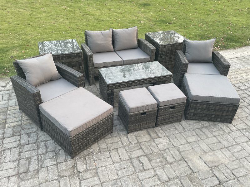 Fimous High Back Rattan Garden Furniture Sofa Sets with Rectangular Coffee Table 2 Side Tables Armchair 2 Big Footstool 2 Small Footstools Dark Grey Mixed