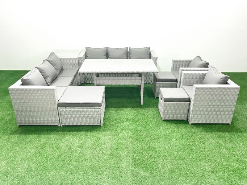 Fimous Rattan Garden Furniture Set Outdoor 8 Seater Patio Dinin g Sofa Sets with Dining Table 2 Chairs Side Table 3 Footstools Light Grey Mixed