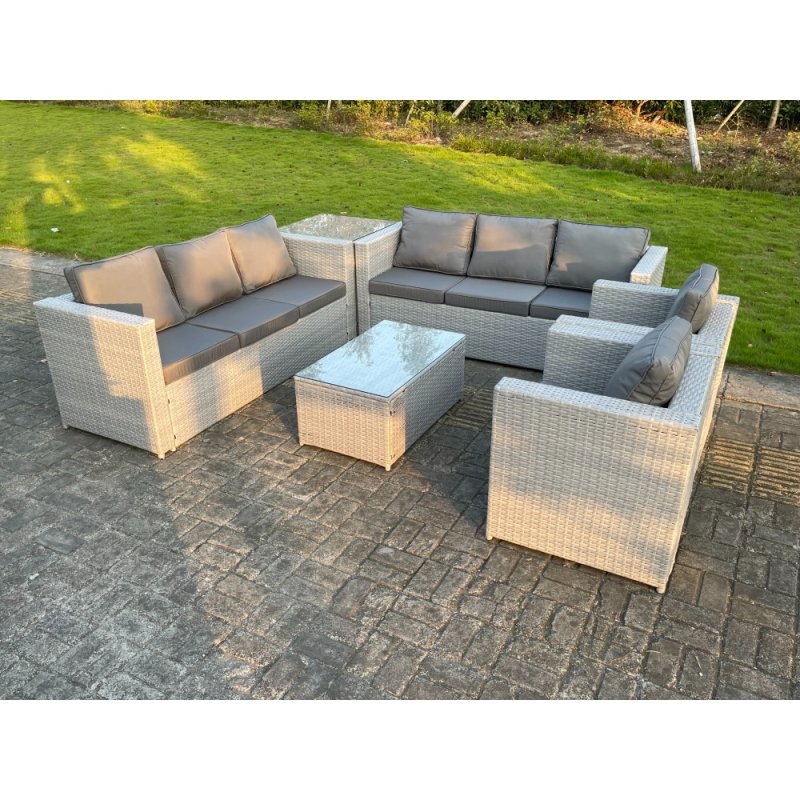 Fimous 6 PC Light Grey Outdoor PE Rattan Garden Furniture Set Wicker Sofa Coffee Table 2 Armchair
