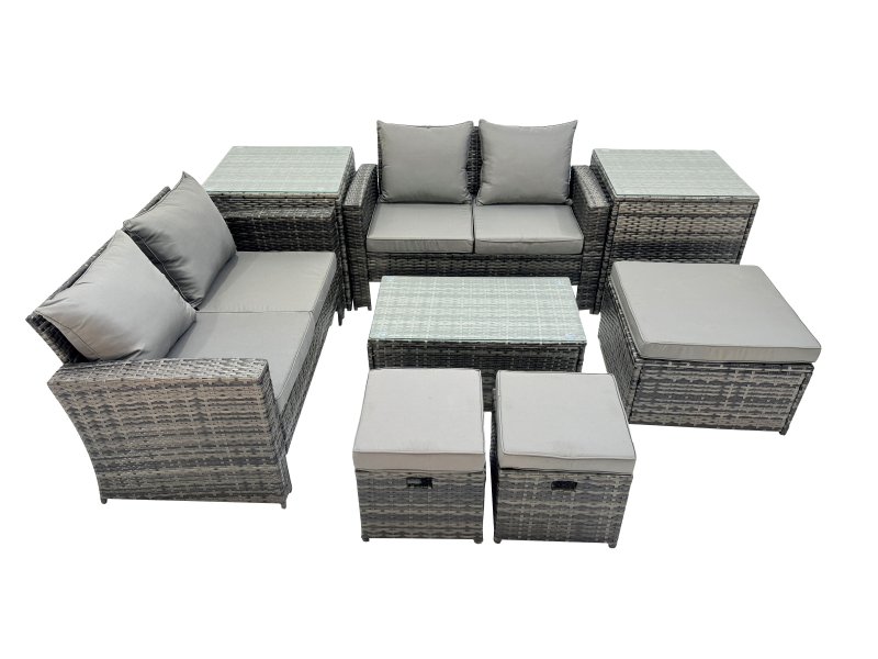 Fimous PE Rattan Garden Furniture Set Lounge Double Seat Sofa Coffee Table Set with 2 Side Tables 3 Stools Dark Grey MixedMixed
