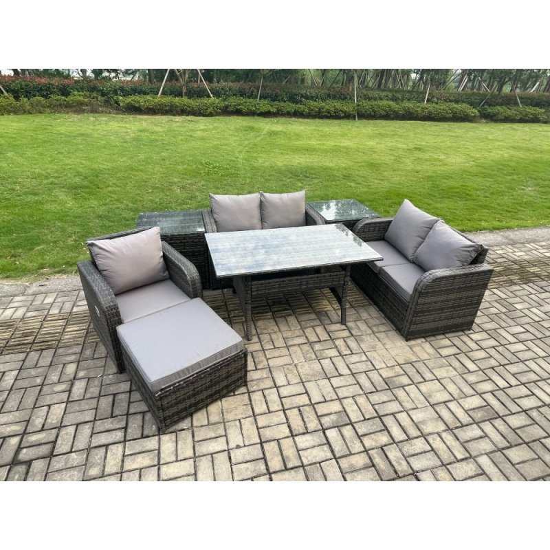 Fimous Lounge Rattan Sofa Set Outdoor Garden Furniture Oblong Rectangular Dining Table With Chairs 2 Side Tables Big Footstool Dark Grey Mixed