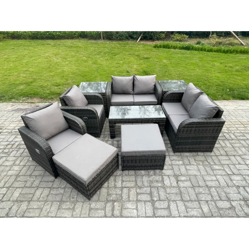 Fimous 9 PCS Garden Furniture set Rattan Outdoor Lounge Sofa Table Chair With Tempered Glass Table Dark Grey Mixed