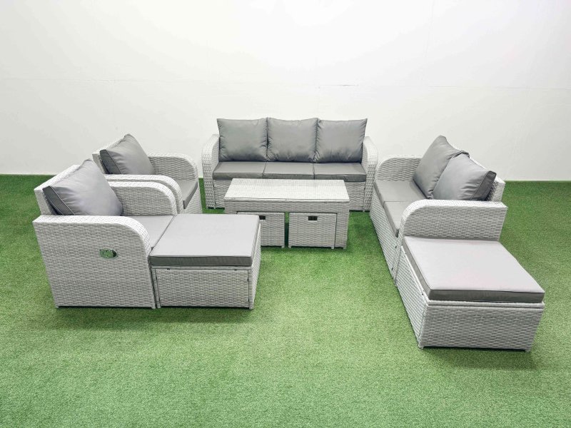 Fimous PE Wicker Rattan Furniture Sets with Oblong Coffee Table Love Sofa 3 Seater Sofa Reclining Chair 4 Stools Light Grey Mixed