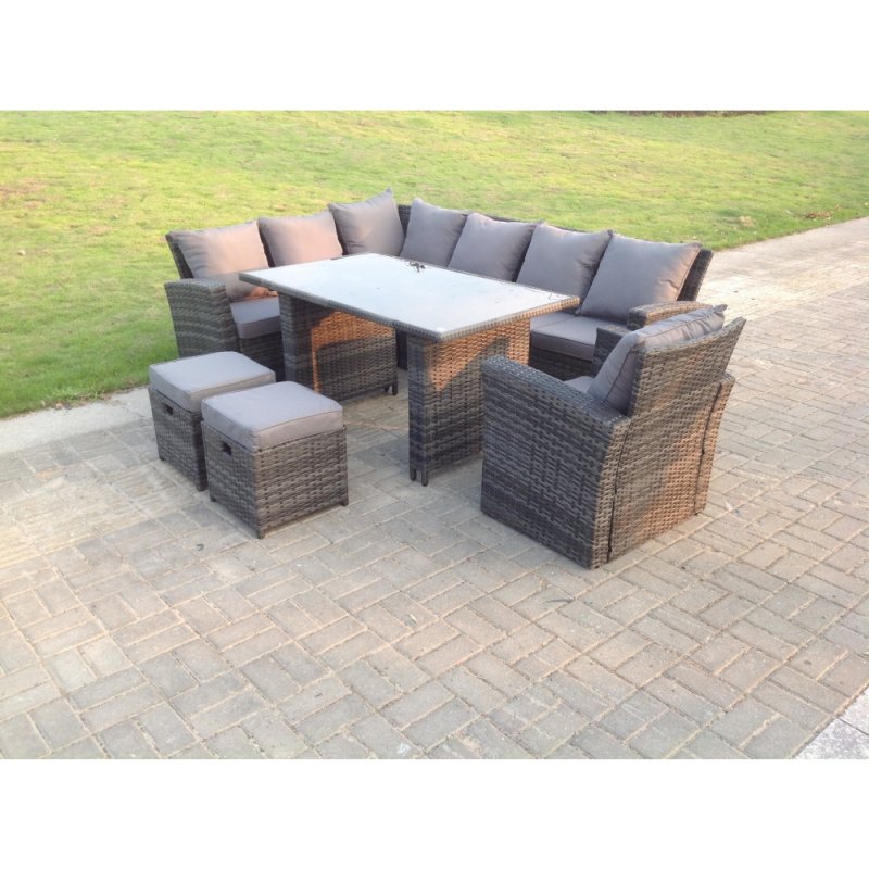 Fimous 9 Seater High Back Rattan Garden Furniture Set Corner Sofa With Black Tempered Dining Table 2 Stools With Arm Chair