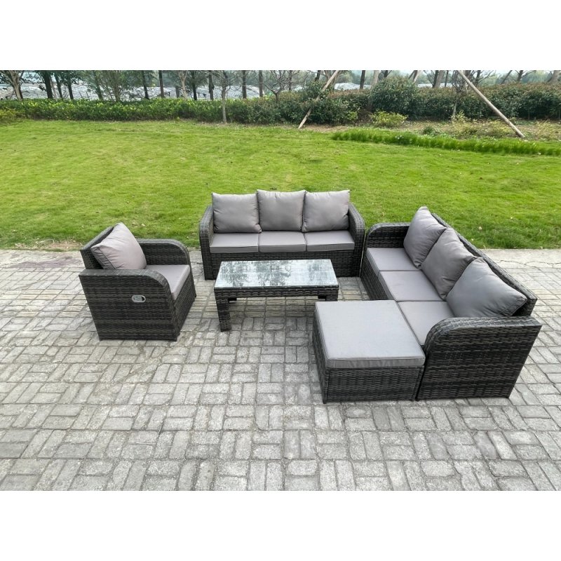Fimous 8 Seater Wicker PE Rattan Sofa Set Outdoor Patio Garden Furniture Set with Reclining Chairs Coffee Table Big Footstool Dark Grey Mixed