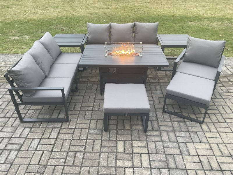 Fimous Aluminium 8 Pieces Garden Furniture Sofa Set with Cushions 9 Seater Gas Fire Pit Dining Table Set with 2 Side Tables 2 Big Footstools Dark Grey