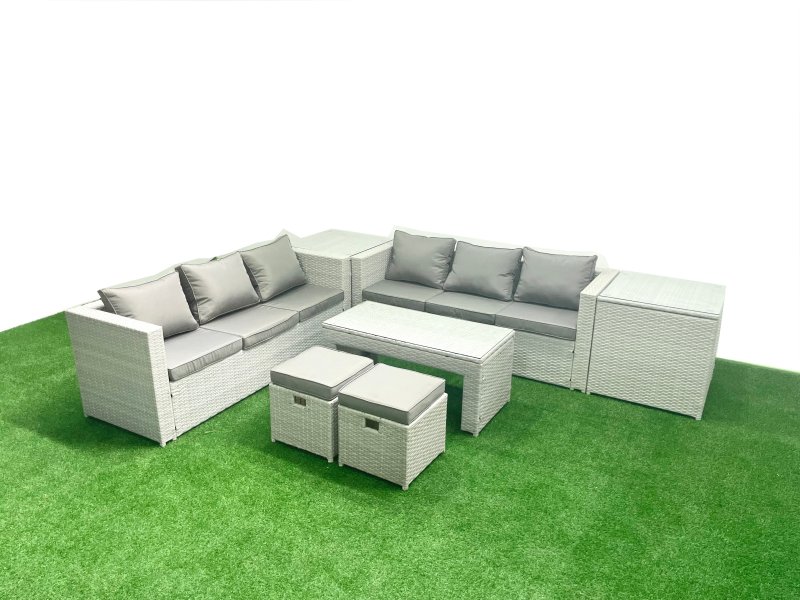 Fimous 8 Seater Garden Outdoor Rattan Furniture Set Rattan Garden Sofa Oblong Coffee Table with 2 Small Footstool 2 Side Tables Light Grey Mixed