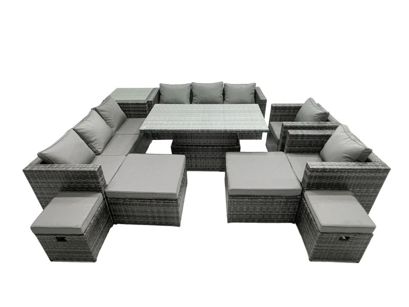 Fimous Rattan Dining Table Sofa Set with Side Table 2 Armchair 4 Stools Outdoor 12 Seat Garden Furniture Set Dark Grey Mixed