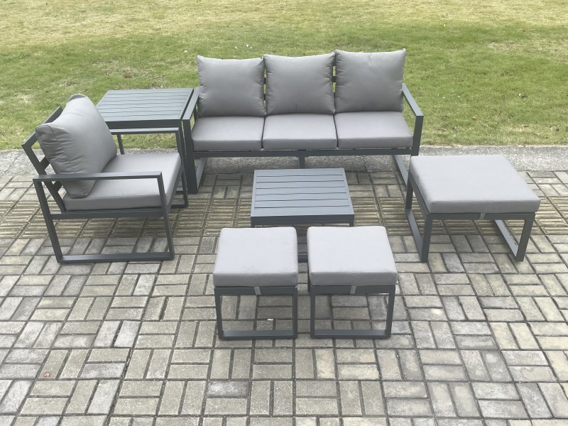 Fimous Aluminium Outdoor Garden Furniture Set Lounge Sofa Chair Square Coffee Table Sets with Side Table 3 Footstools Conservatory Set Dark Grey 7 Seater