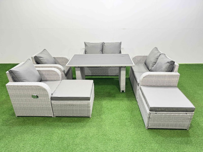 Fimous 7 Pieces Outdoor PE Rattan Sofa Reclining Chair Set Patio Garden Furniture Sets with Cushions 2 Big Stools Light Grey