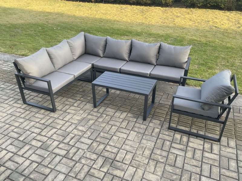 Fimous Aluminium Garden Furniture Set Outdoor Indoor Lounge Corner Sofa Chair Oblong Coffee Table Sets Dark Grey 7 Seater